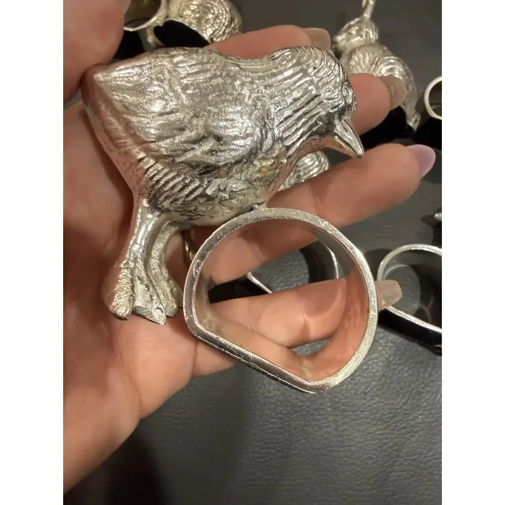 Vintage 3 Rabbit + 3 Chicks Napkin Rings Silver Metallic Lot of 6